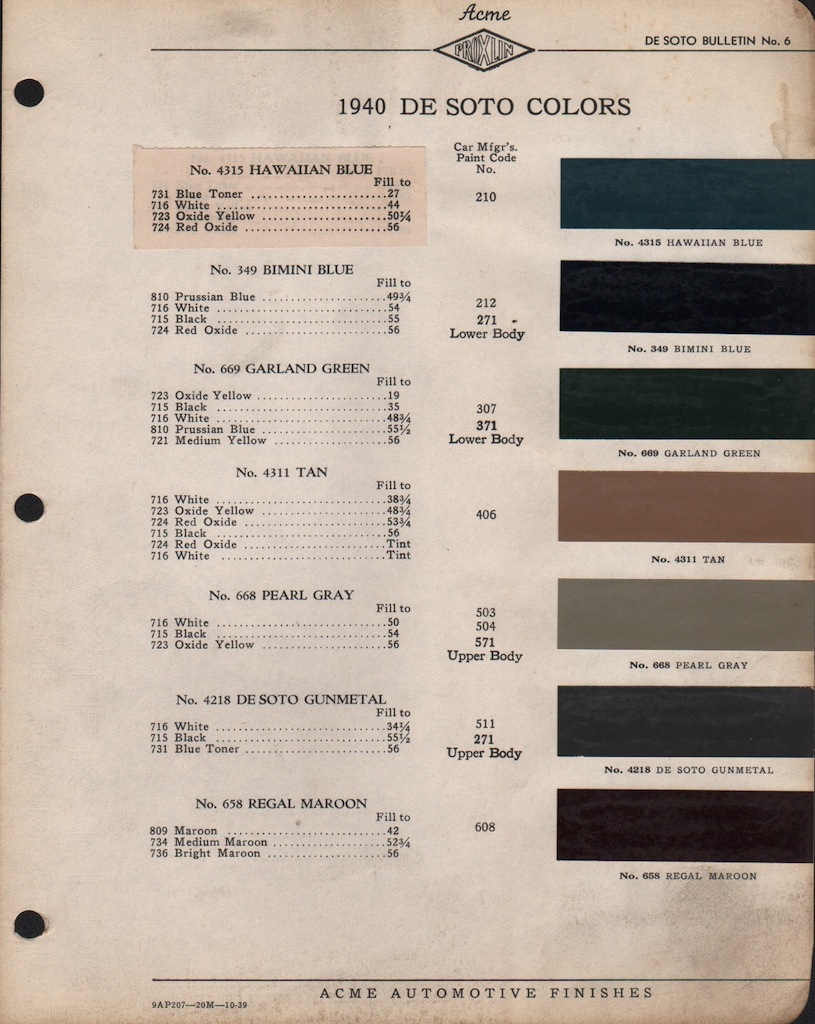 1940 DeSoto Paint Charts Acme 1